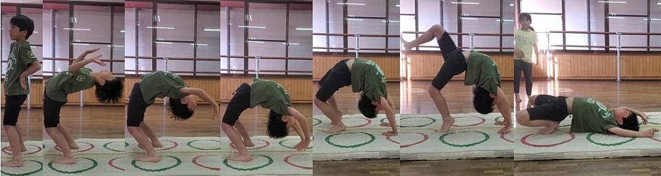 絶好調爆進中の３年生T君、この日初めての練習でその日の内に出来てしまった“バックブリッジ”立ちブリッジなんて言い方もする技です。ブリッジ後回転するんですが回転はならず…。ただそれも時間かからず突破してくれるでしょう。それほどにT君絶好調です！