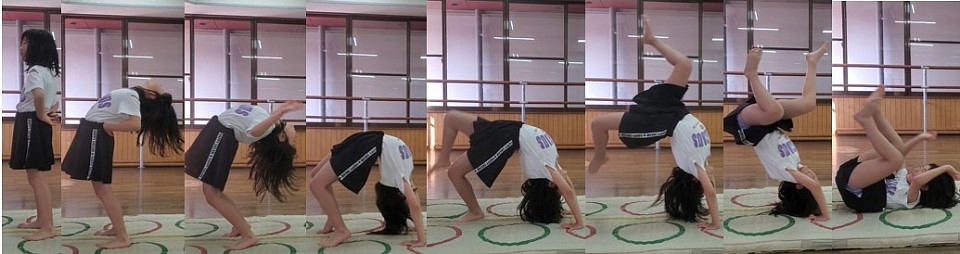 ３年生Mちゃんは少々難しい時間を過ごしたかもしれません。真面目で高い向上心があるので、先へ進めず悩んでいたようです…。ただ！連休明け初日T君と同じ“バックブリッジ”を１発で成功！！自信を取り戻した笑顔がステキでした^^