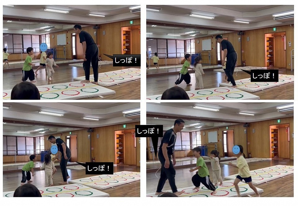 ５月サブ種目「しっぽ取りゲーム」、2～3歳の子が在籍する幼児クラス、まずは“取る！”作業にだけ集中してもらいます！２歳の子も必死に取りに来てくれました♪鈴井にとっての楽しすぎ時間でもあります^^