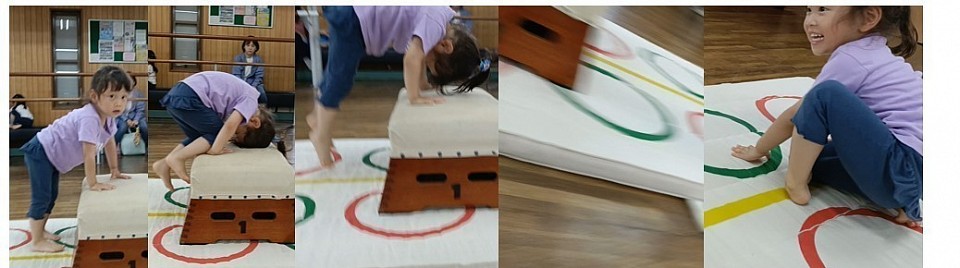 新クラス、水曜日幼児クラス加入の年少Yちゃん、台上前転？！謎の動きが写真から伝わりますでしょうか？！補助中でブレブレ画像ですが、すんごい潜在パワーを秘めていること間違いなしのYちゃんでした！