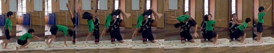 川西池田こども体操教室でバク転の練習に取り組んでいる子供は2名、3年生T君毎週レベルアップしてます。早く補助から離れたい！ですがまだ離れられません…、安全第一です！