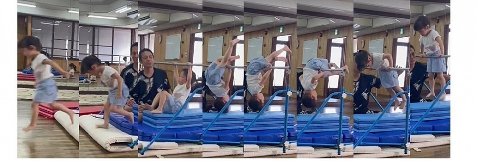 「ツバメポーズ前回り下り」合格！注目ポイントは右から４つ目の写真、「手首の返し」と言うんですが、鉄棒を持ち直す動作を行っていることが確認出来ます。これは口を酸っぱくするくらい伝える大切なことで、これをしないと鉄棒から落下する可能性が出てきます。年少Yちゃん、しっかりとそこを理解してさらに実行しております。そこが素晴らしい！年少の子にとって簡単なことではありません！！