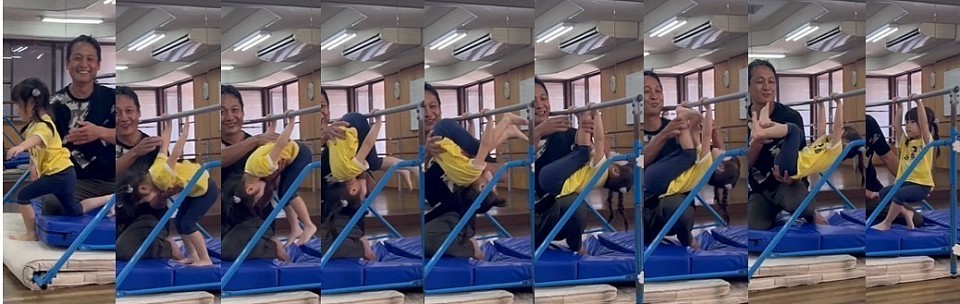 鉄棒「足抜き回り」、怖い～、まだちょっと怖い～、怖い気がする…、年少Ｍちゃん、ちょっとずつ感想が変わってきていることには気づいておりました。そしてＭちゃんにとっての怖さをこの日突破！大きな成功体験になったはず！