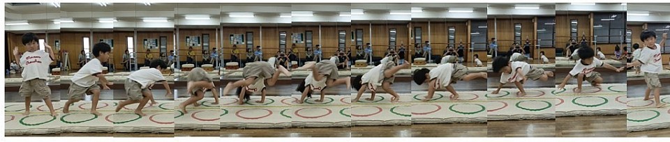 なんてカワイイ側転☆　年少A君、まだ小さい回転ですがキレイな体重移動の流れの中で回転してますよ！