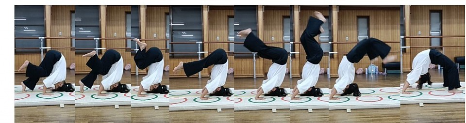 屈伸練習、各小学生クラスで白熱してます！基本の跳び方４種をコンプリートした子が取り組んでいる練習、左４つ目の写真から右へ、これをとび箱の上でやっていると想像してみてください！「ヘッド転回」Iちゃん、頭１つ抜け出しましたよ！