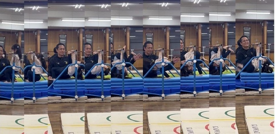 左から右にご覧ください。２ヶ月ほど前、「足抜き回り」が補助付きで出来たと紹介した年少Mちゃん、１人で鉄棒に足をつけ、さらに回転まで成功しました！右から4つ目の写真から若干補助してますが、おそらく来年のテストではすべて１人で成功、これに間に合うでしょう！