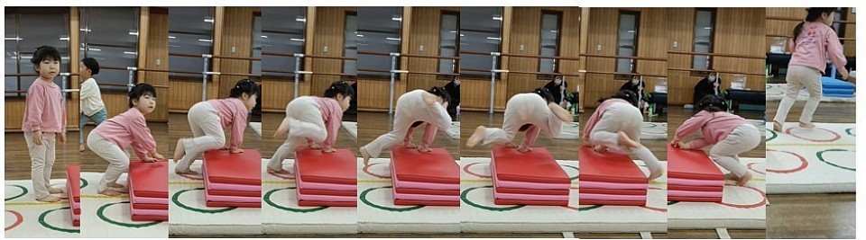 側転、練習のスタートはここから！12月からのNEWメンバーMちゃん、4月から年少ですが理解力抜群！