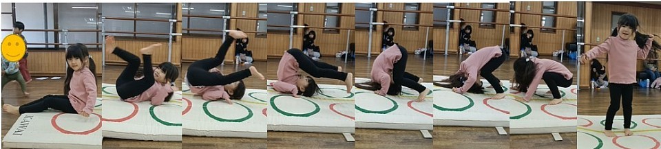 マットの下にロイター板を入れて緩やかな坂道を作ってます。テスト項目にもある「坂道後転」、倒立が出来たり側転が出来たり、成長スイッチの入った年少Kちゃんです！