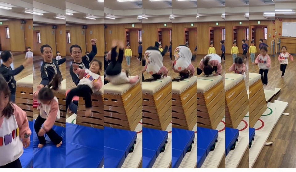 保護者様からいただいた動画から台上前転！面白アングルで新鮮ですね！年長Aちゃん、台上前転完璧です！