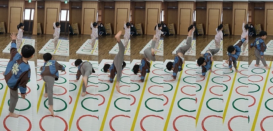 意地悪側転その①、年中S君、自己ベスト側転を動画に収めることが出来ました！これを毎回回ってくれたらいいんですが、毎回異なる側転を回ります…🥲やや斜め回り、膝の曲がり、テストまでにどこまで進めるかな！