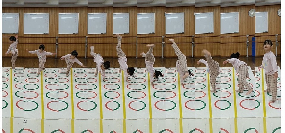 意地悪側転その②年長Cちゃん、膝さえ伸びたら大じゃないですか！？あとはただ伸ばすだけ〜…。大って言わせて下さい！