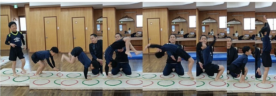 テスト後子供達紹介１発目、３年生の内についに１人バク転成功T君！まったく触れてません！ただテストで合格とはしてません。次のテストまでに補助についてないバク転を紹介、安定させた上で合格にしようと約束しました！