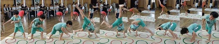 台付き側転の練習から台を外し側転練習、小さな側転、そして中？いや、中の大くらいまで大きく回れてきました ！１年生Y君、コツコツ成長を続けています！昨日の練習、活気ありましたね！
