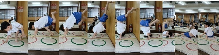 最初はあまり楽しくない…、とテンション低めだった年中A君、１ヵ月で楽しい！が上回り始めたかな？！笑顔が増えてます！！壁倒立前転！