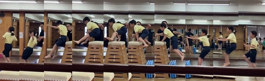 観覧席の柵が写っていますが８段開脚とびを跳んでいます。ゆっくりでも着実に１歩１歩進んでる４年生Mちゃん、これまで跳べなかったとび箱８段開脚とびが跳べるようになった５月となりました！