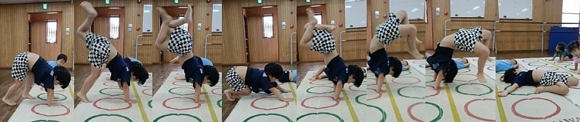 壁倒立練習もよくやりますが、別アプローチからの倒立練習、倒立前転が目標の年長S君！