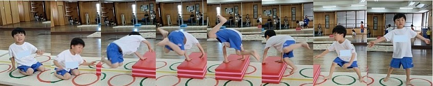 側転練習のスタートは段差を利用して行います。年中A君、着地があるとなお良いですね！いつもニコニコ練習を楽しんでくれているところが嬉しい！