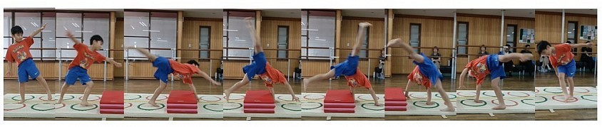 全身で体操教室を楽しんでくれてるのが伝わってくる年長I君、教室に入ってわずか３ヵ月で鉄棒逆上がり、跳び箱開脚とび、そして写真のように側転、「大」になるのも時間の問題でしょう！