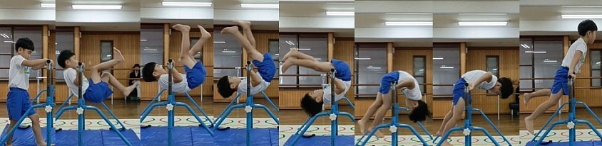 マットでは壁倒立や側転、とび箱7段開脚とび、鉄棒写真の逆上がり合格！半年ほどで急激な成長を遂げた年長I君、出来過ぎですよ！