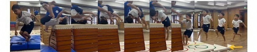 年長S君台上前転合格！エアー補助、触れてるようで一切触れていない、１人でしっかり回っての合格です！