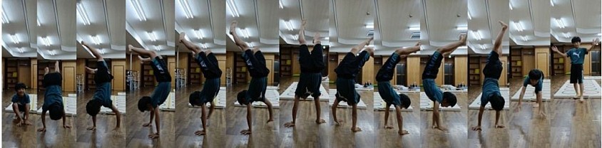 右から左に見て下さい。珍し技紹介「倒立移行」。歩行ではなく、グルグル回っている、体操競技の男子平行棒をイメージしていただけると分かりやすいかもしれません。画像は半周、画像左から2つ目で倒立姿勢になっていれば1周となります！