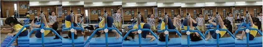 右から左に見て下さい。じっくり、ゆっくりでも少しずつ身体が変化してきていることは観覧されてる皆様ならご理解いただけると思います。足抜き回り〜戻し、動きにキレが出てきた年中Mちゃん、日々成長を続けてます！